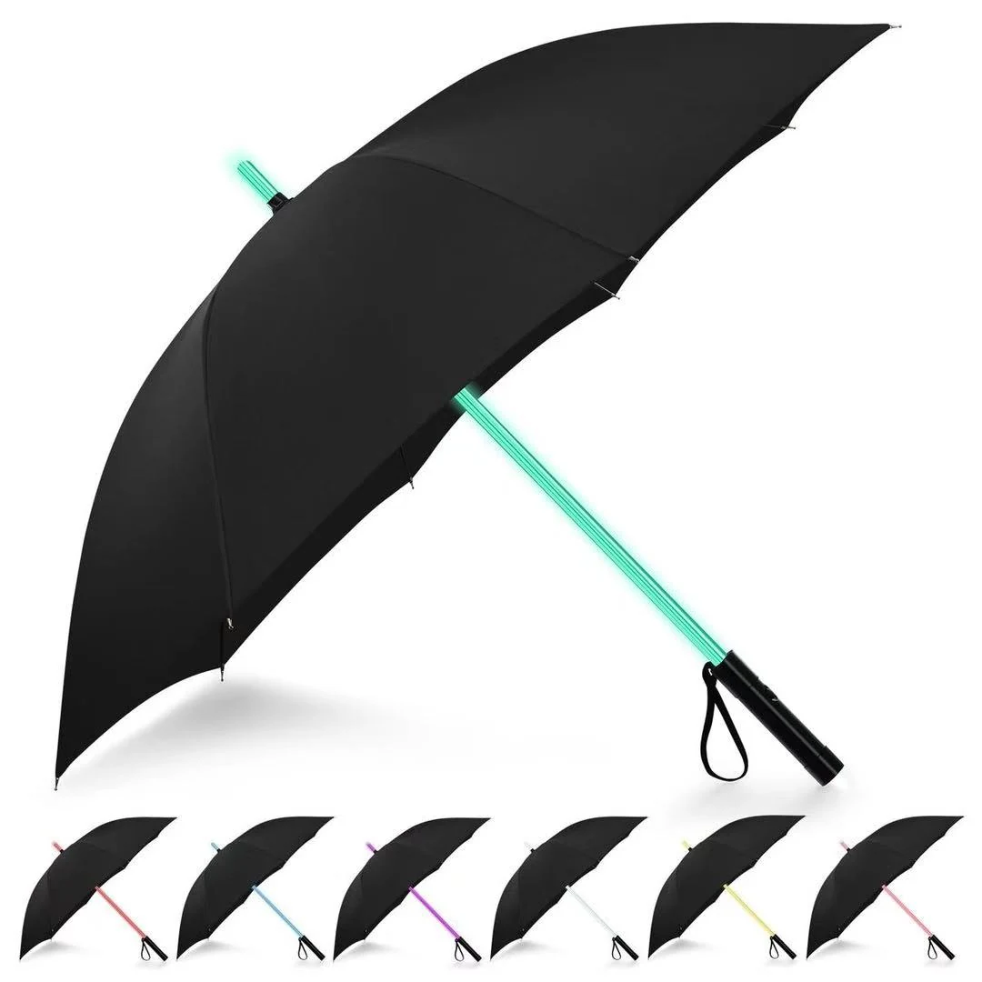 Night safety LED umbrella with a black canopy and an illuminated straight handle