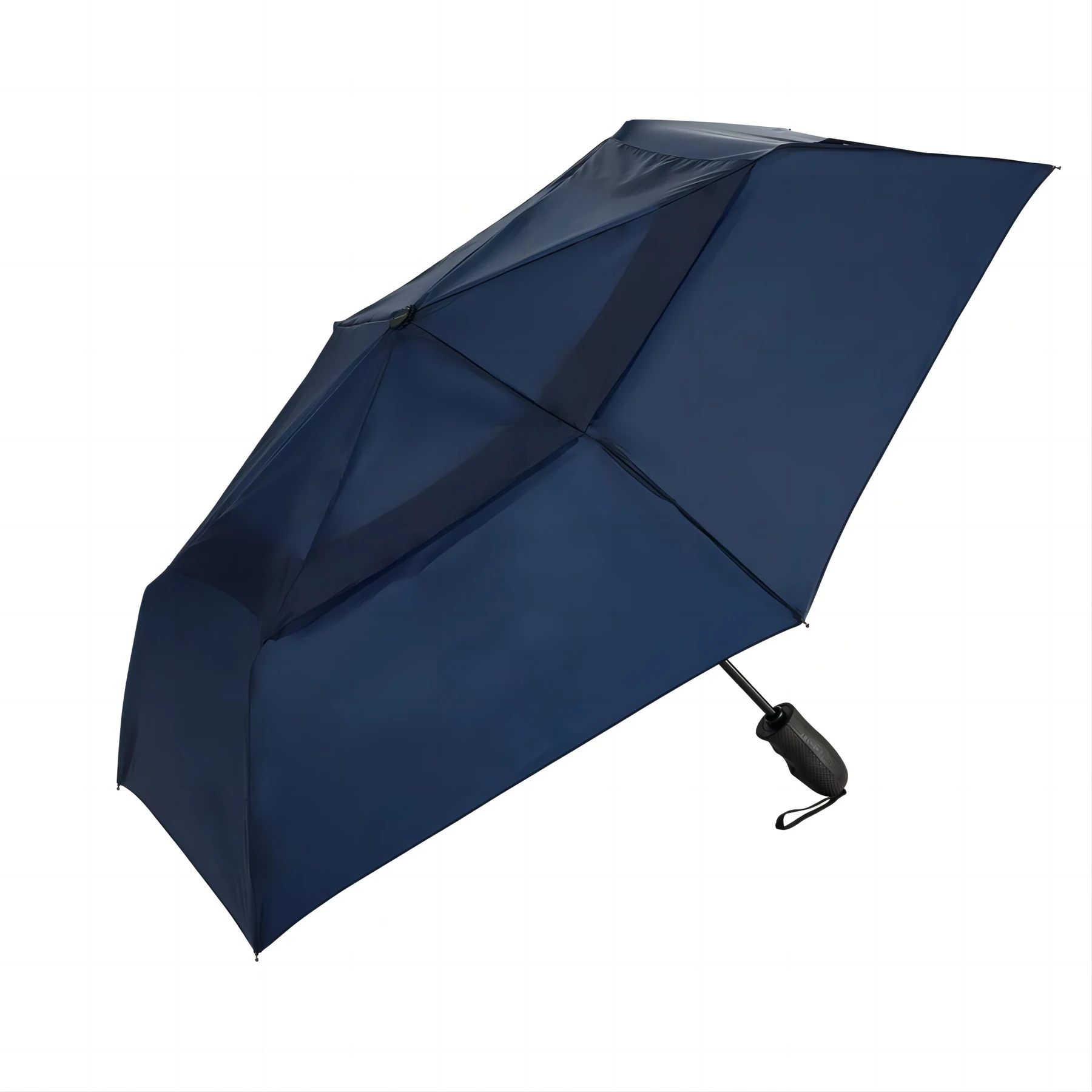 Three-section folding umbrella with a double layer vented canopy and black rubber stick handle