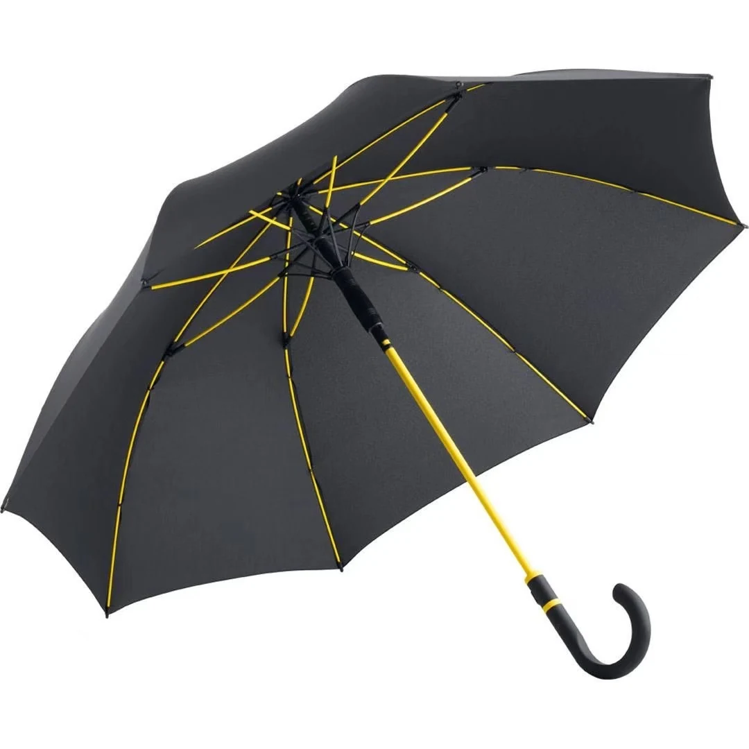 Auto open straight umbrella with blue and white panels, a colour fibreglass shaft and curved handle
