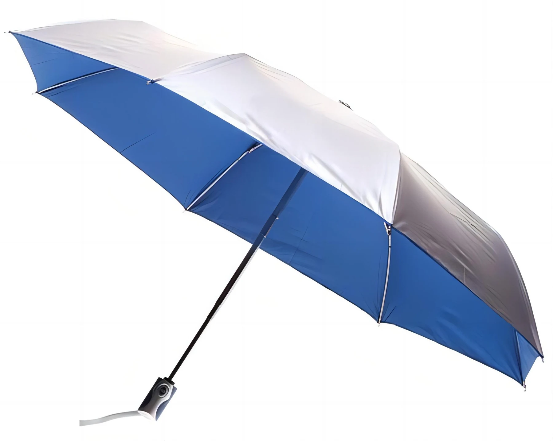 Three-folding umbrella with blue and white panels and a silver coated underside