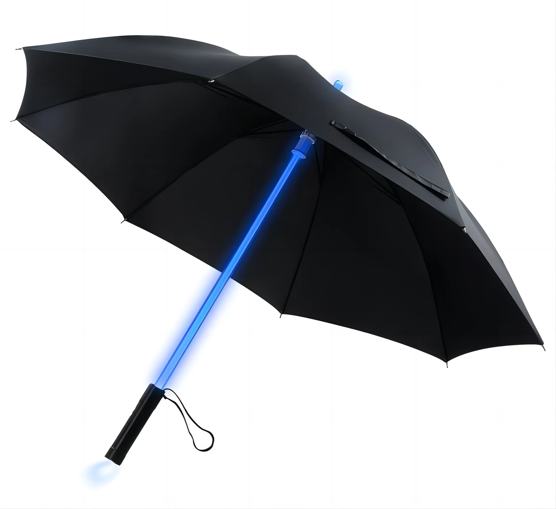 Black LED umbrella with a blue illuminated shaft running through the canopy