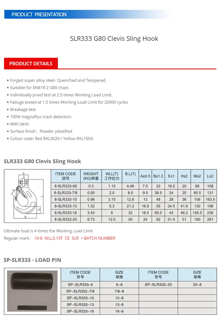 SLR333 Grade 80 Clevis Sling Hook specification sheet with dimensions and working load limits