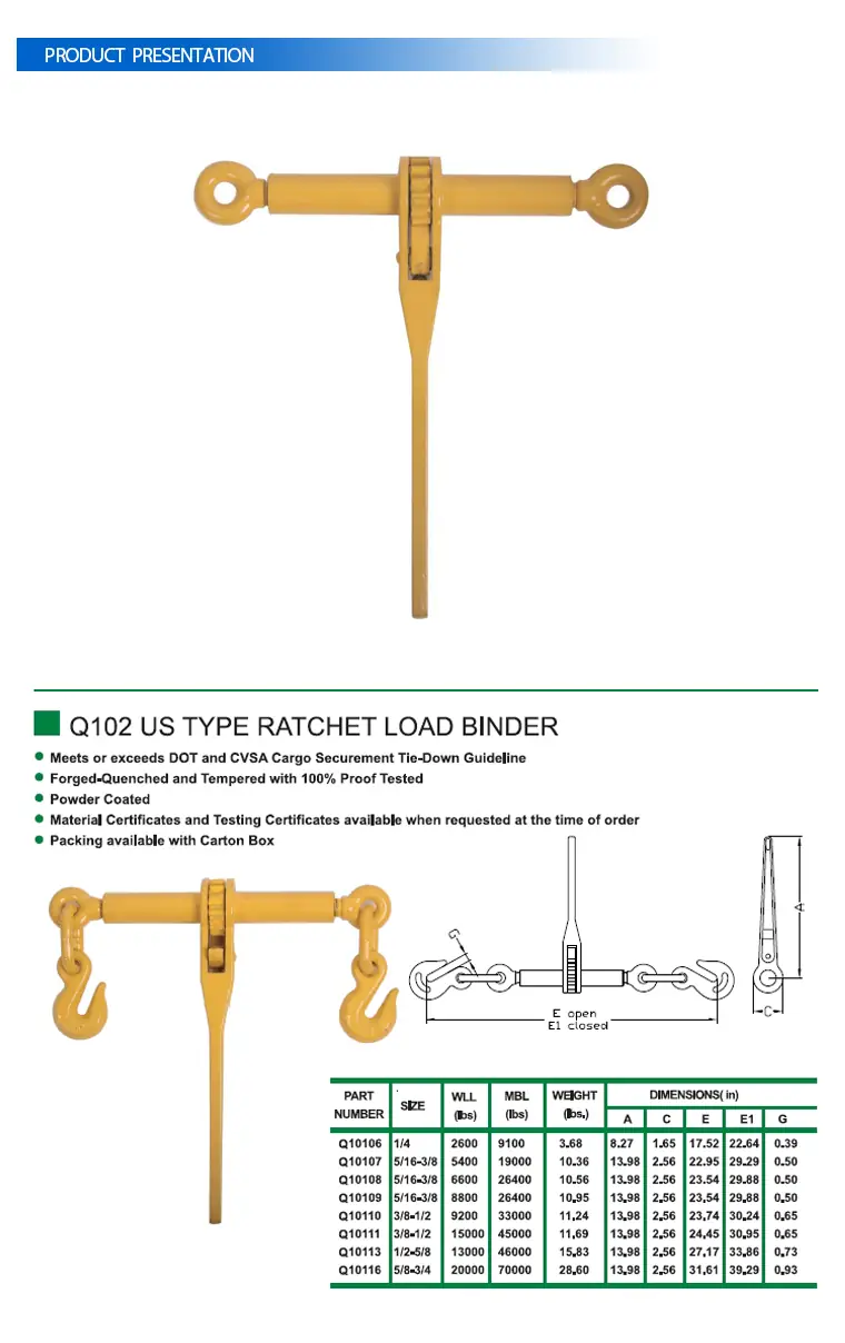 US Type Ratchet Load Binder specification sheet with dimensions and working load limits