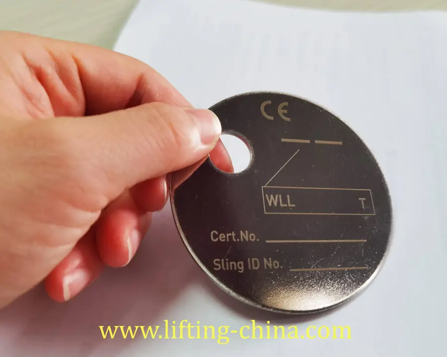 Stainless steel 304 chain sling tag marked with the WLL, certificate number and sling ID number fields