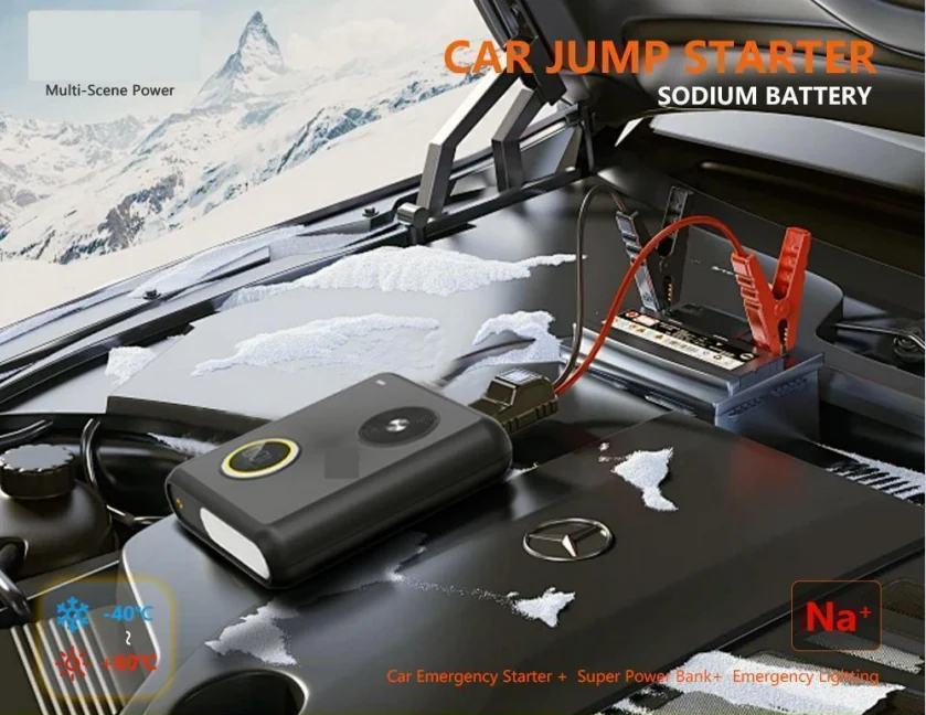 LinkitPower sodium battery car jump starter connected to a car engine battery with jumper clamps