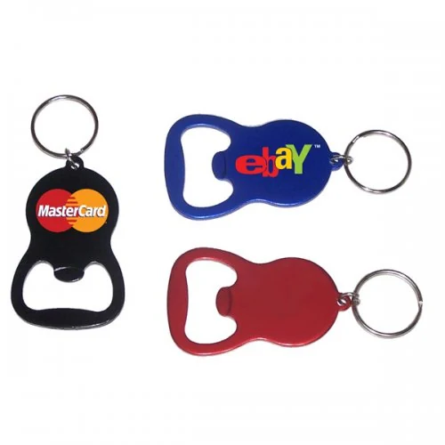 Round custom bottle opener keychains with printed brand logos