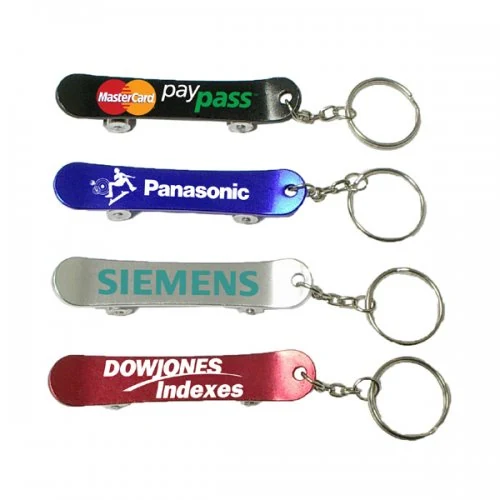 Skateboard shape custom bottle opener keychains with key holder in four colours