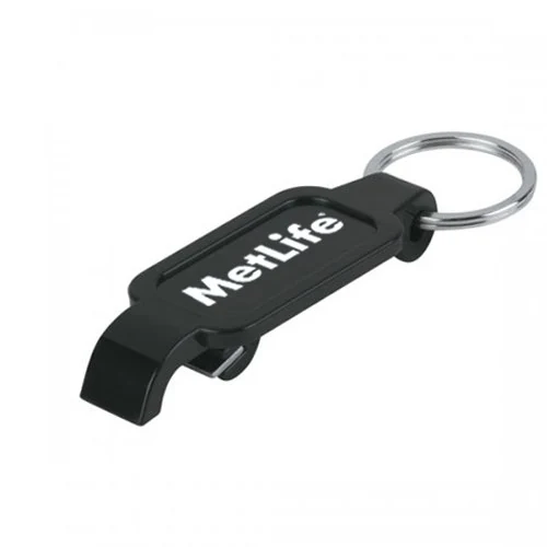 Custom slim black bottle opener keychain with white printed logo
