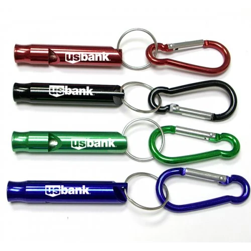 Custom aluminum whistle keychains with carabiner clips in four colours