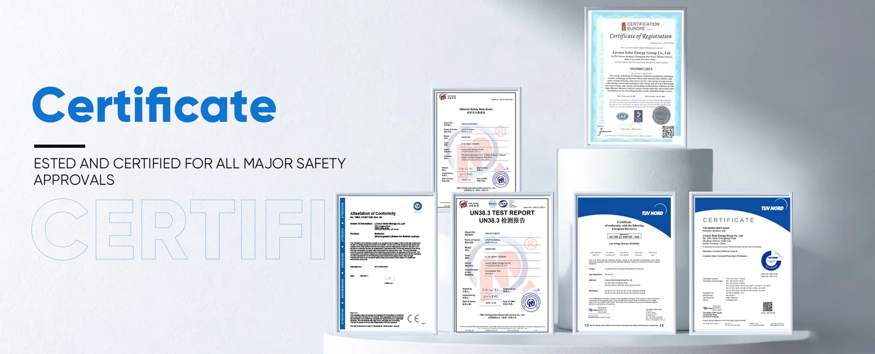 Lovsun certification portfolio including ISO 9001 CE TUV NORD and UN38.3 test reports