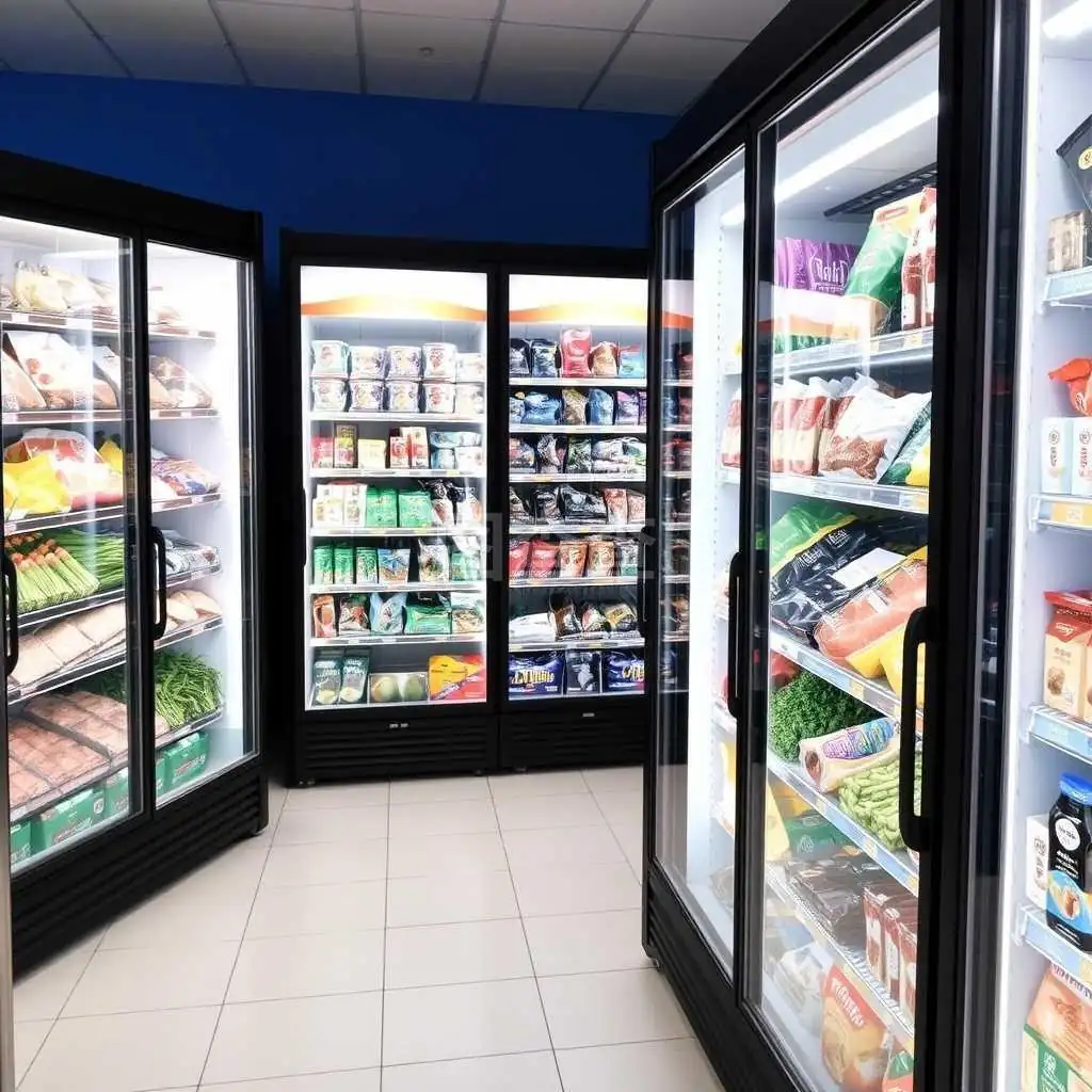 Glass door beverage coolers in a convenience store lit with LED modules