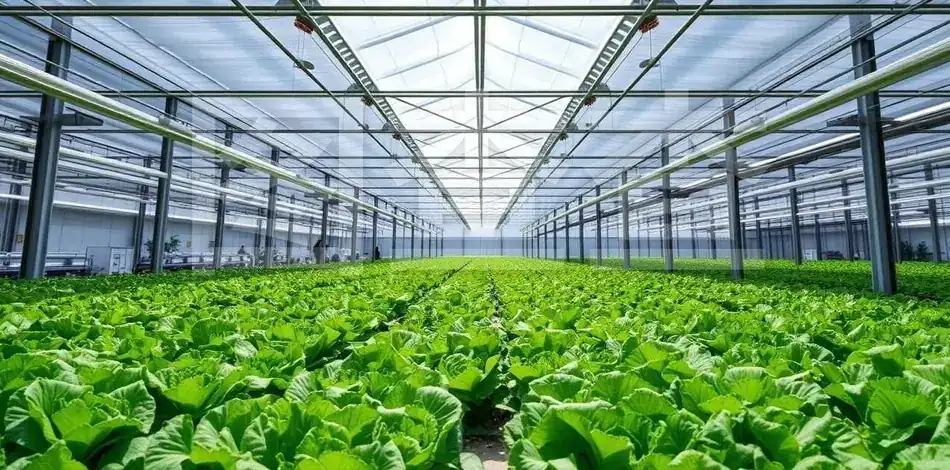 Rows of leafy crops in a glasshouse under overhead LED grow light bars