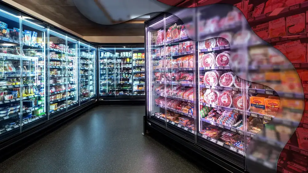Supermarket aisle with refrigerated cabinets and overhead retail lighting