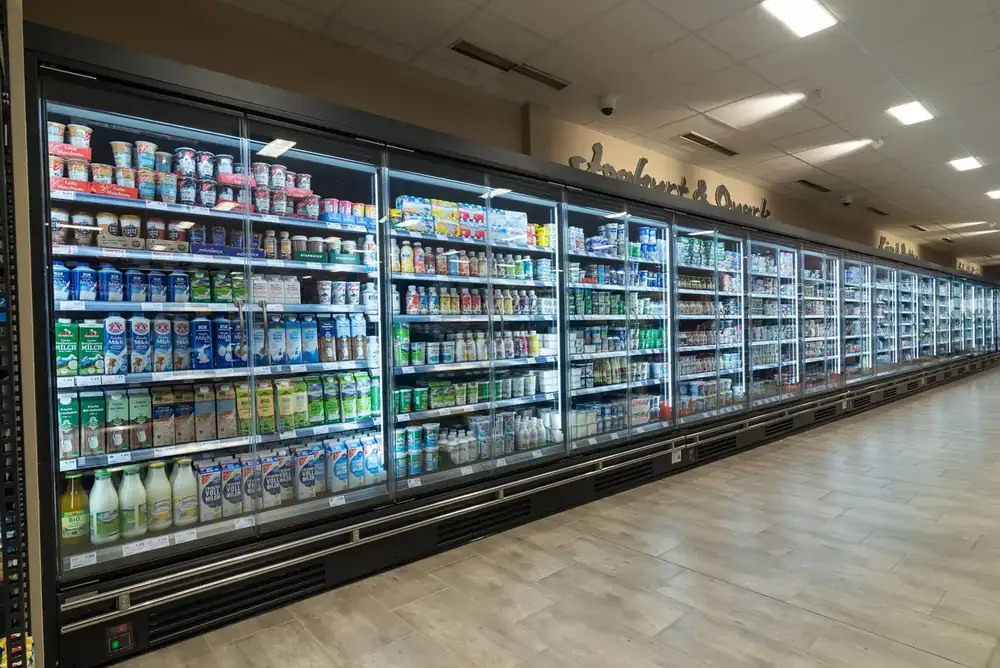 Chilled food display counters in a supermarket lit by LED case lighting