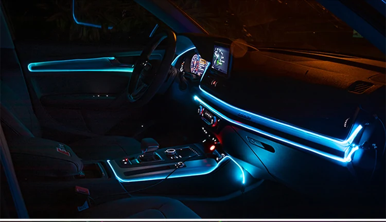 Car interior with blue ambient LED light lines along the dashboard and doors