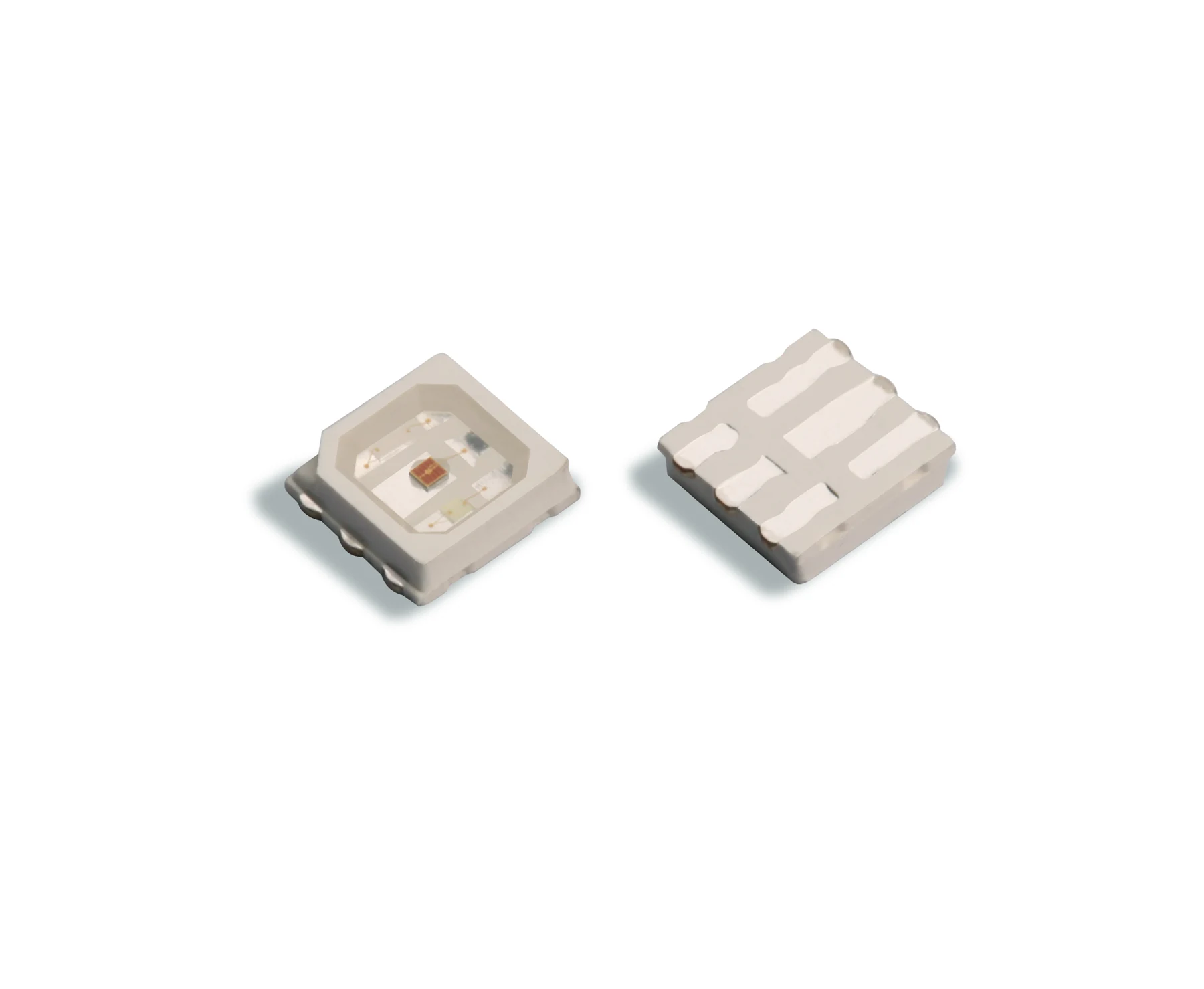 Close up of a 3535 LED package showing the emitter and contact pads