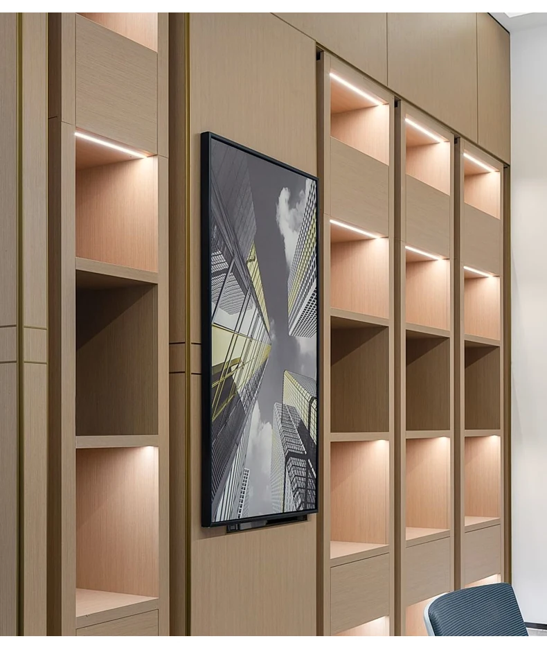 Built in display shelving lit with warm white LED strip lighting
