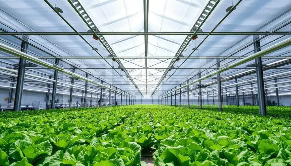 Glasshouse crop rows under suspended LED horticulture lighting bars