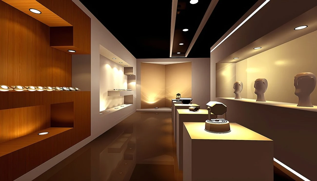 Retail showroom interior with illuminated display niches and shelving