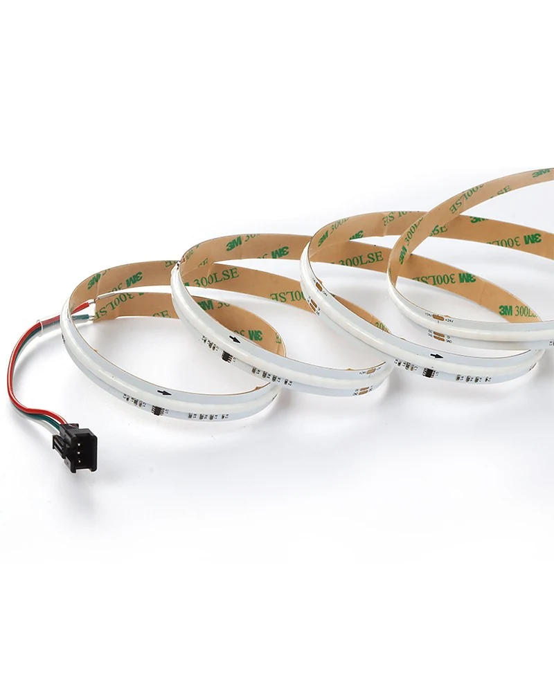 Coiled COB LED strip showing a continuous phosphor emitting line