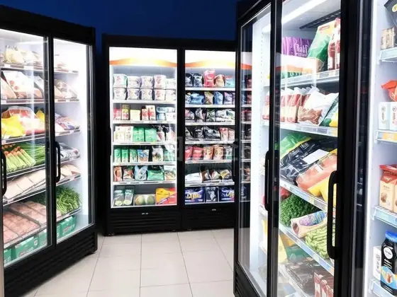 Glass door beverage coolers in a convenience store lit with LED modules