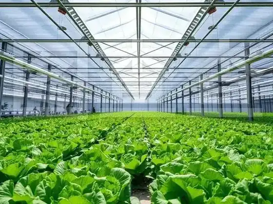 Rows of leafy crops in a glasshouse under overhead LED grow light bars
