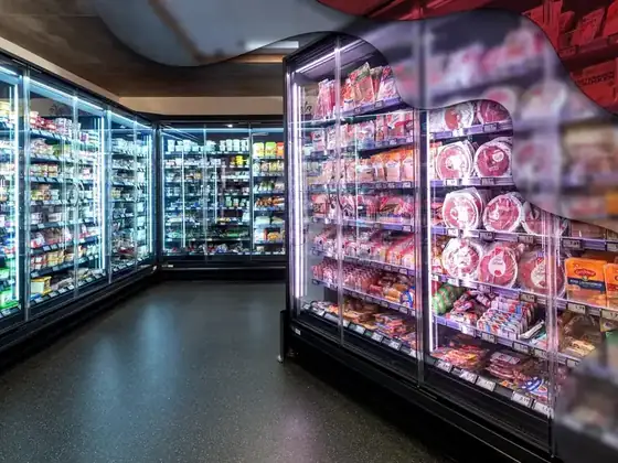 Supermarket aisle with refrigerated cabinets and overhead retail lighting