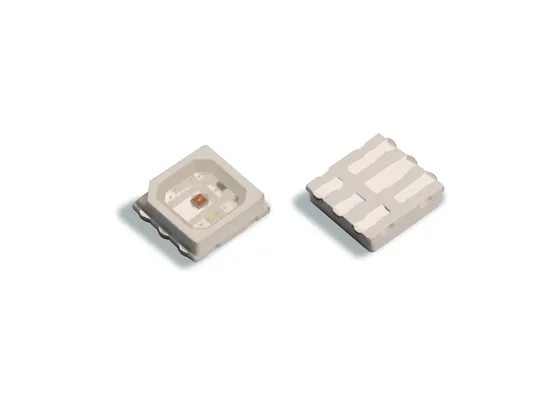 Close up of a 3535 LED package showing the emitter and contact pads