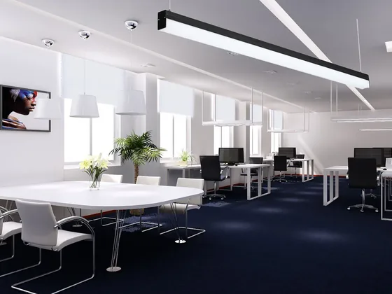 Open plan office with meeting table under suspended linear LED lighting