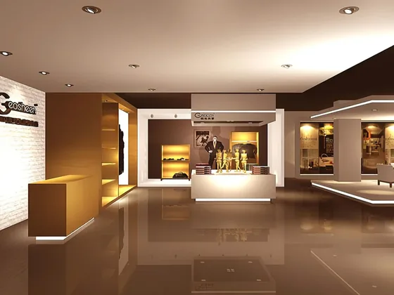 Retail showroom with illuminated display shelving and recessed linear lighting