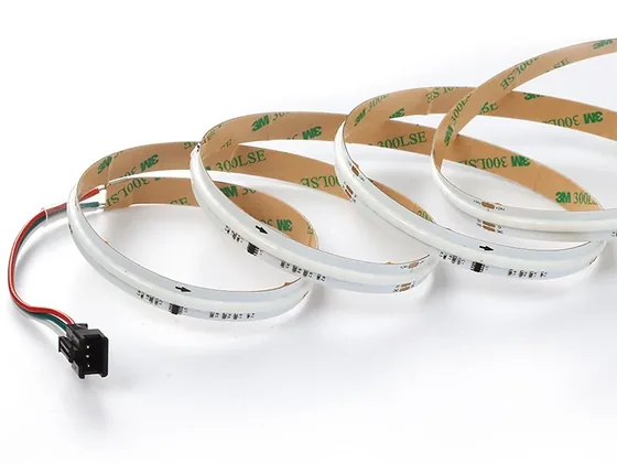 Coiled COB LED strip showing a continuous phosphor emitting line