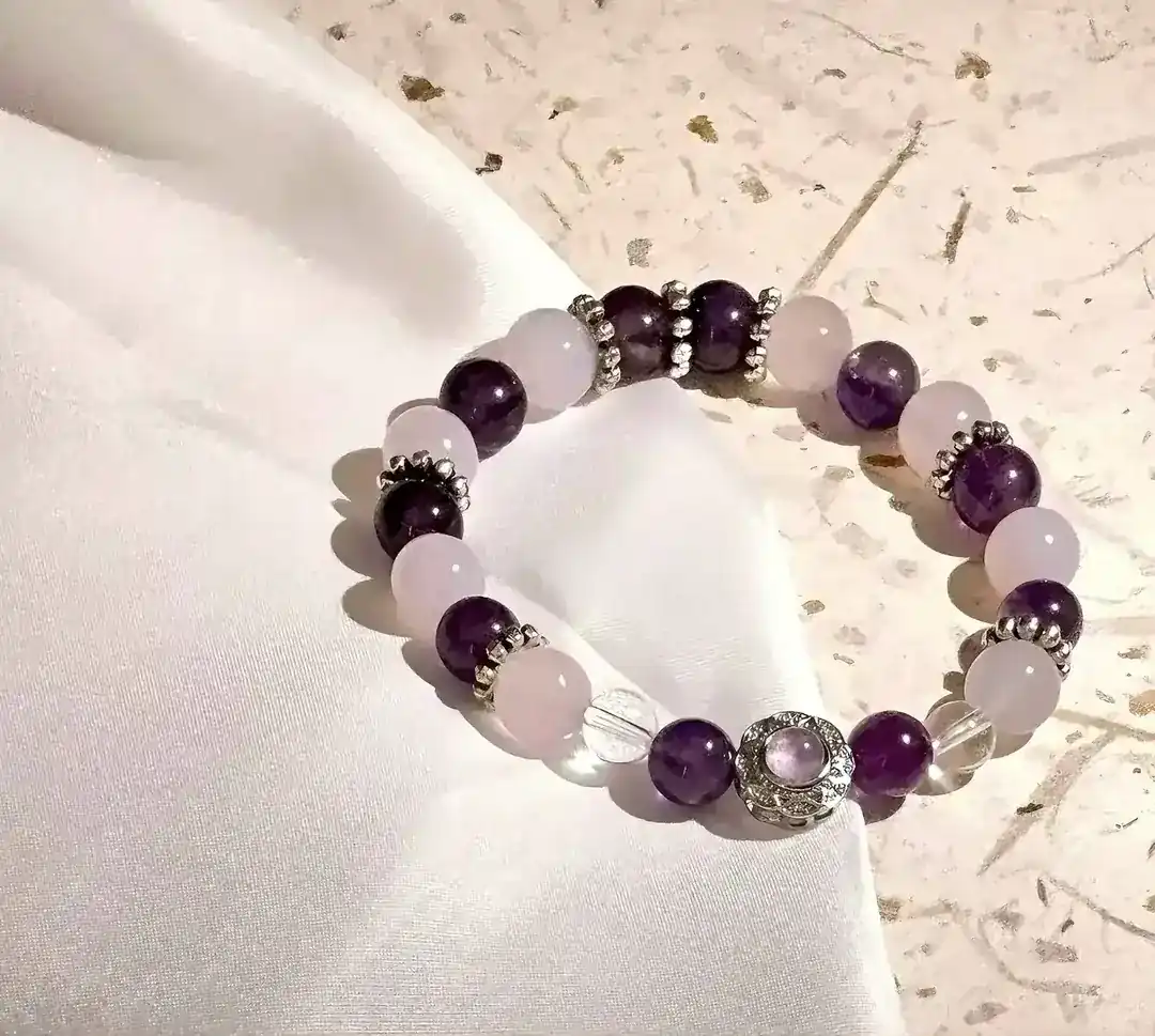 Aurora Blessing purple super seven and purple chalcedony crystal bracelet, close view of the beads