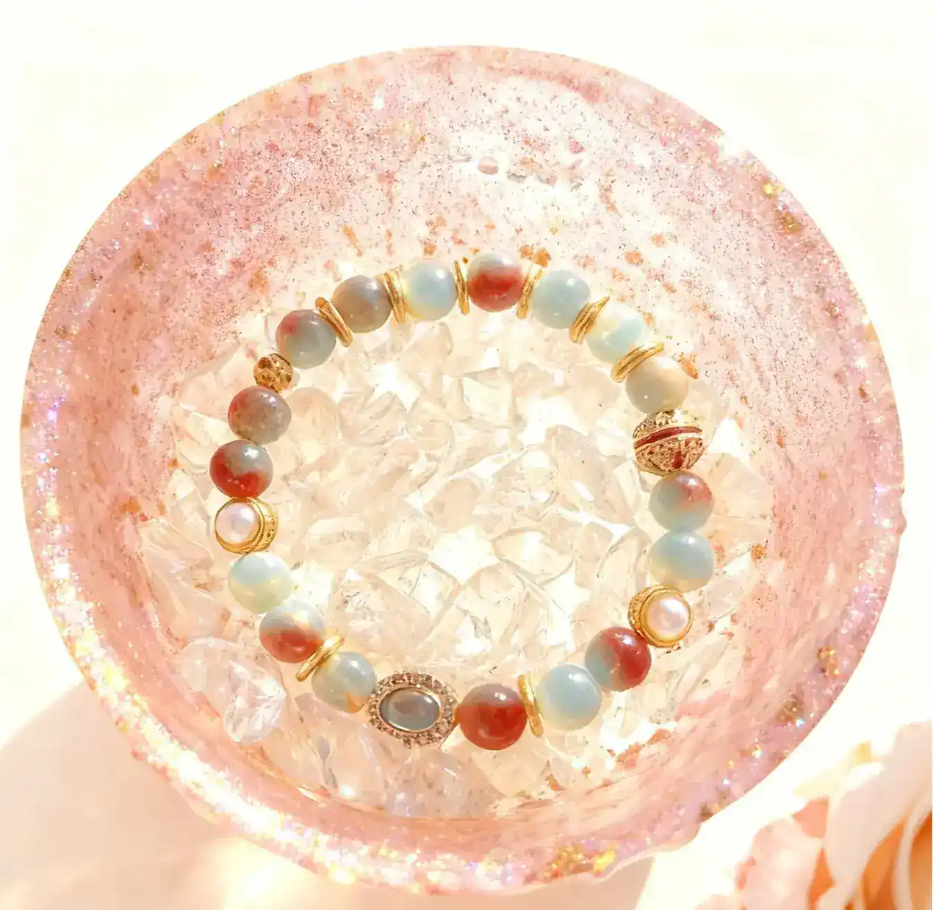 Blessings Arrive green-blue Shoushan stone crystal bracelet, close view of the beads