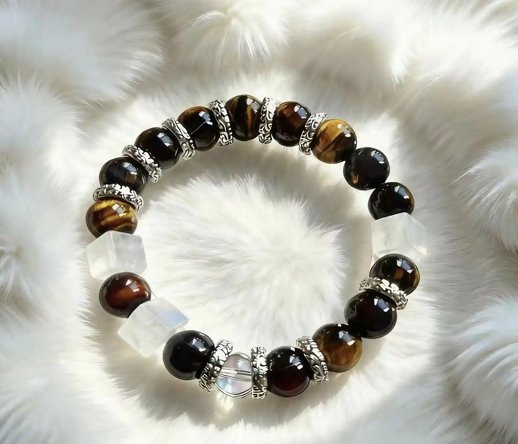 Magic Tiger Spirit rainbow tiger's eye and clear quartz crystal bracelet, close view of the beads