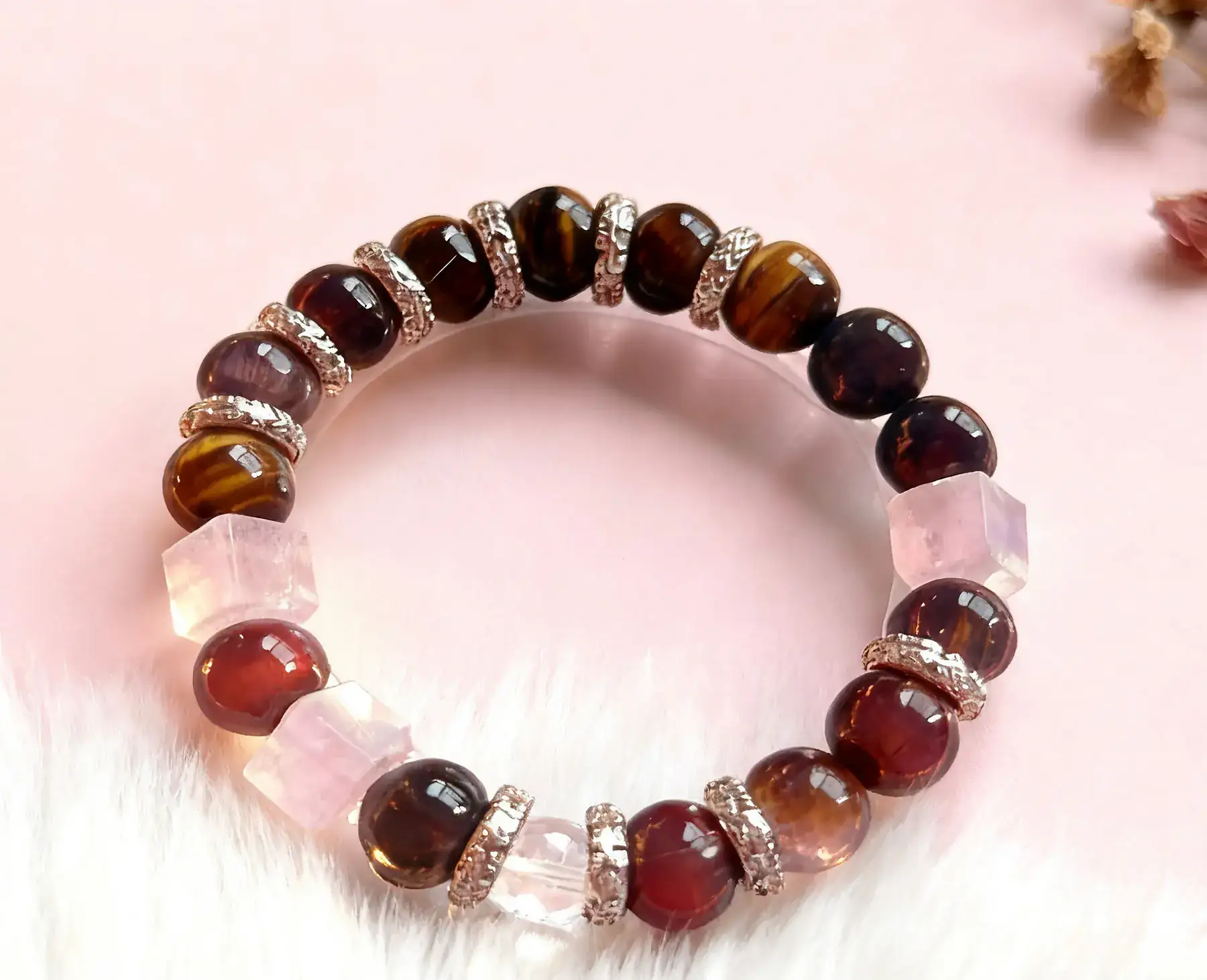 Magic Tiger Spirit rainbow tiger's eye and clear quartz crystal bracelet, the accent fittings