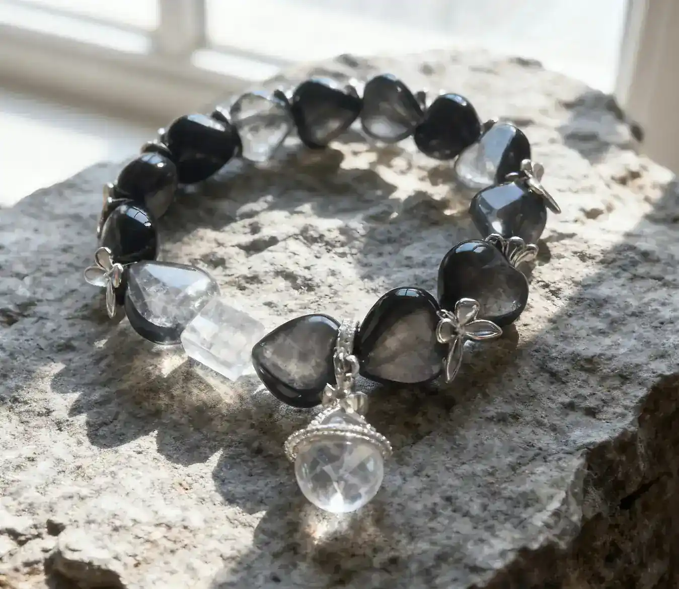 Spiritual Luster Peace Stone silver obsidian crystal bracelet, the full strand