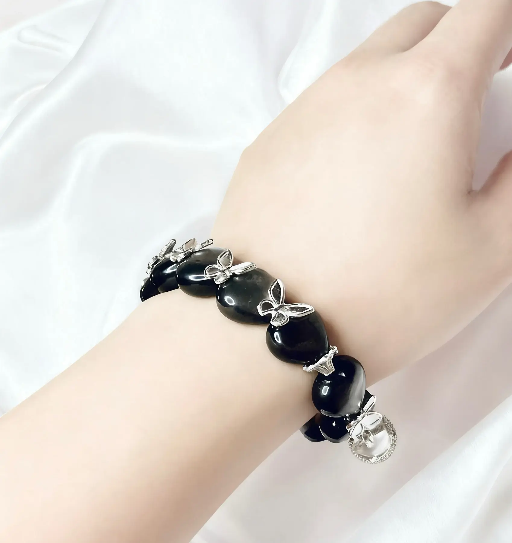 Spiritual Luster Peace Stone silver obsidian crystal bracelet, the accent fittings