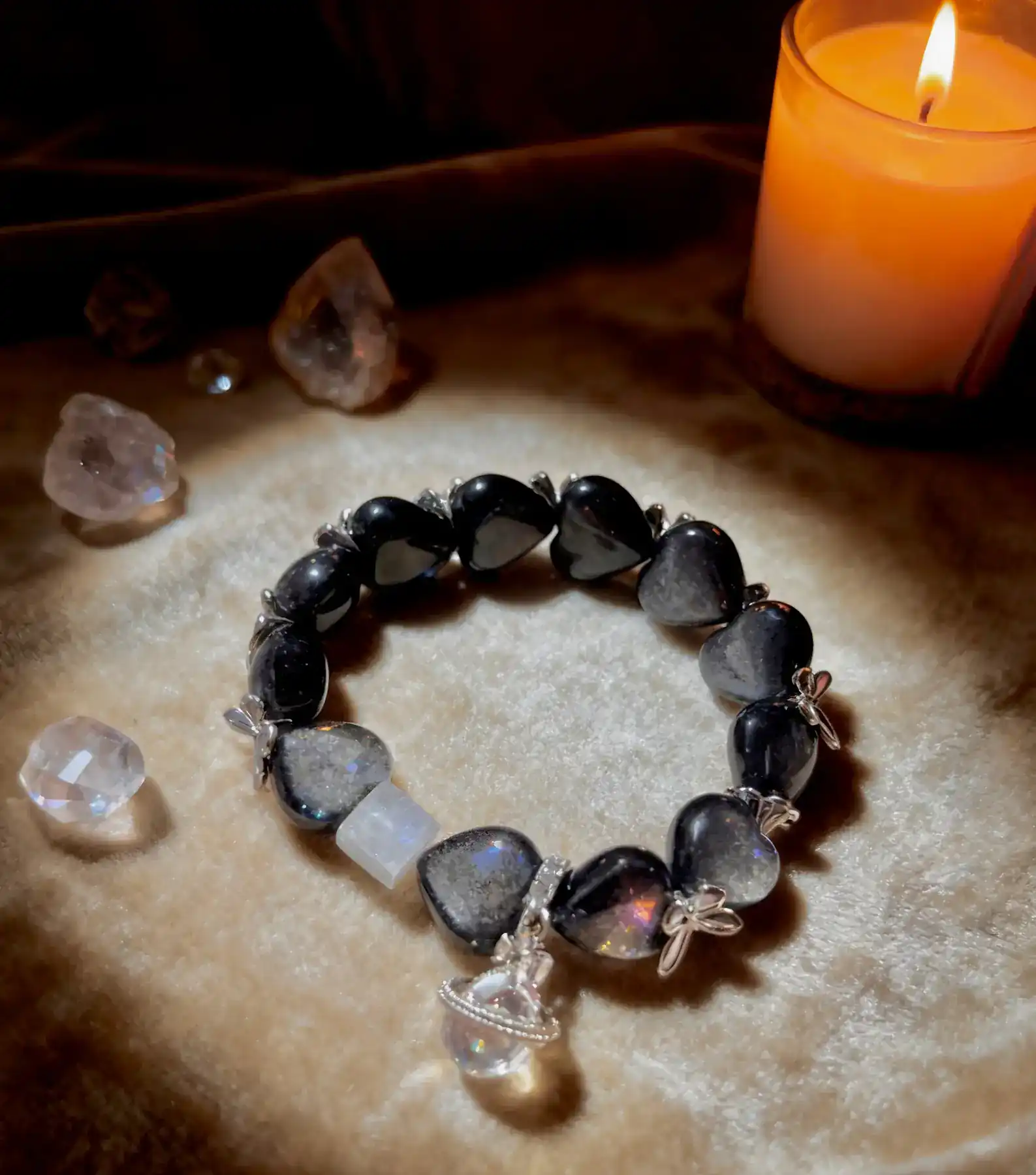 Spiritual Luster Peace Stone silver obsidian crystal bracelet, close view of the beads