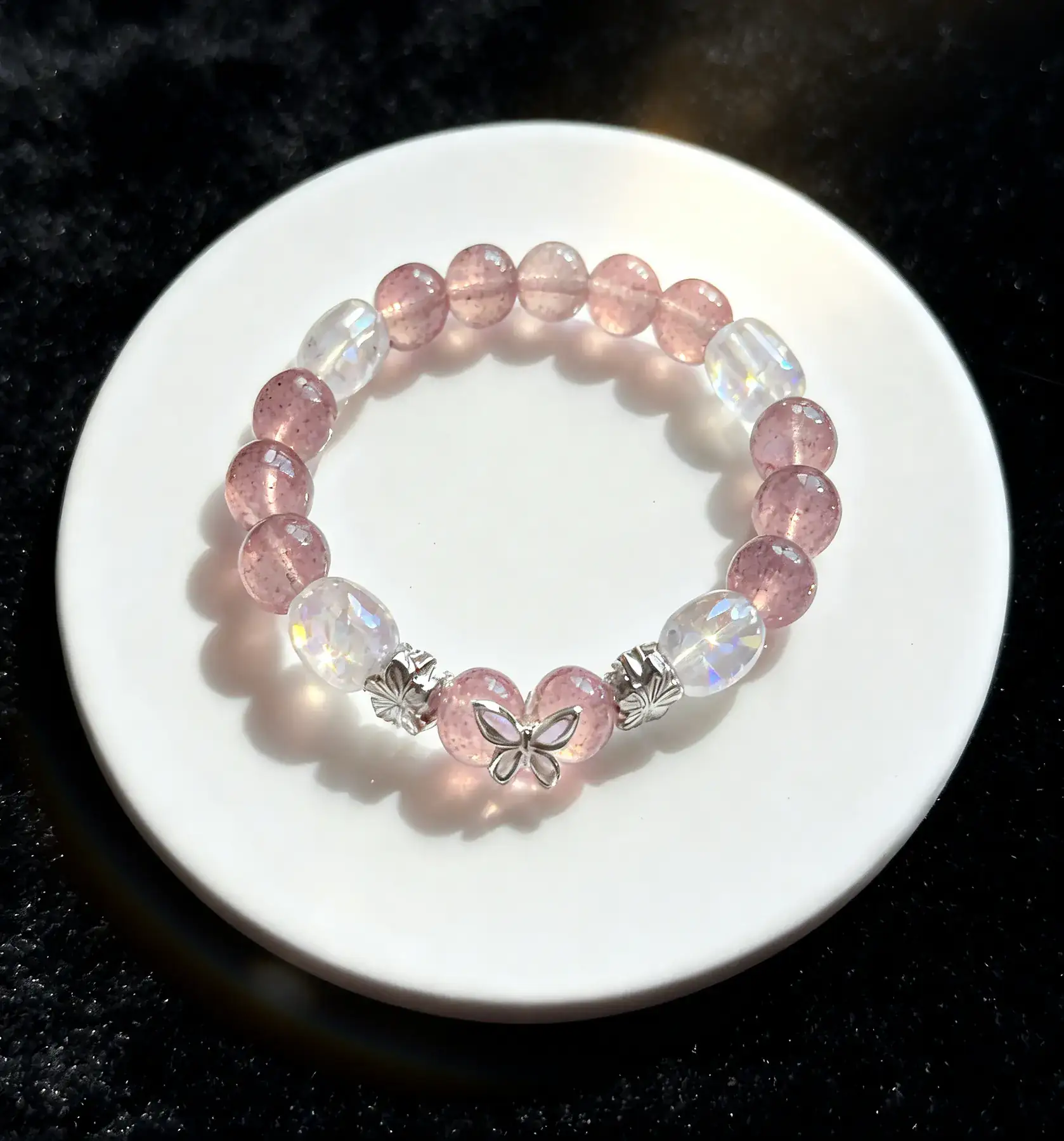 Tender Bond strawberry quartz and rose quartz crystal bracelet, the accent fittings