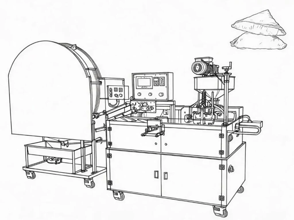 Samosa making machine in a food processing equipment workshop