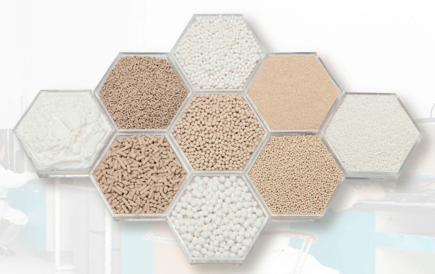 Hexagonal sample trays holding molecular sieve beads, pellets and zeolite powder