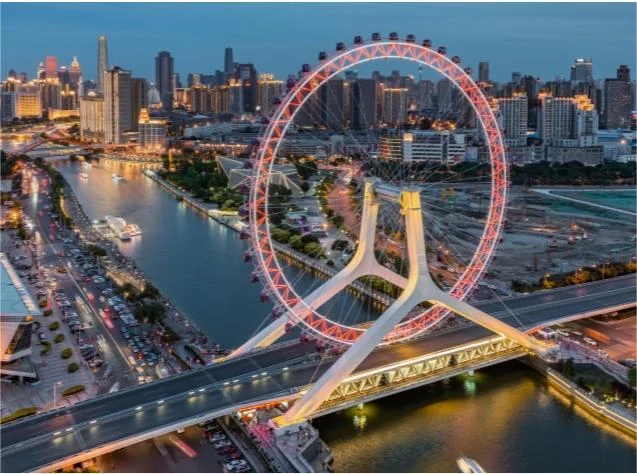 Aerial view of the Tianjin riverside skyline at dusk
