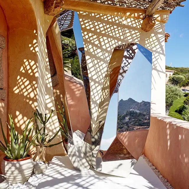 Large stainless steel sculpture—Crystal stone from the side