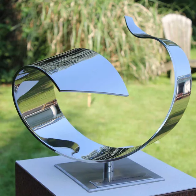 Garden Stainless Steel Mirror Abstract Circle Sculpture seen from another angle