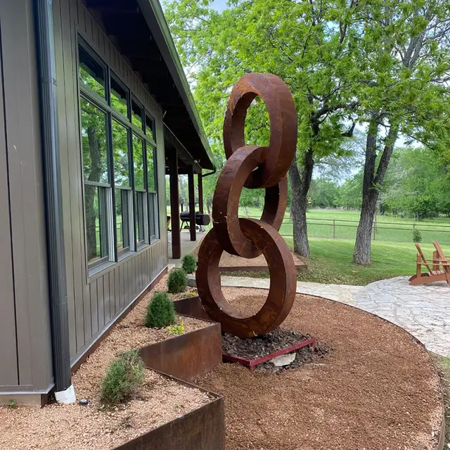 320cm Large outdoor corten steel ring sculpture in close view
