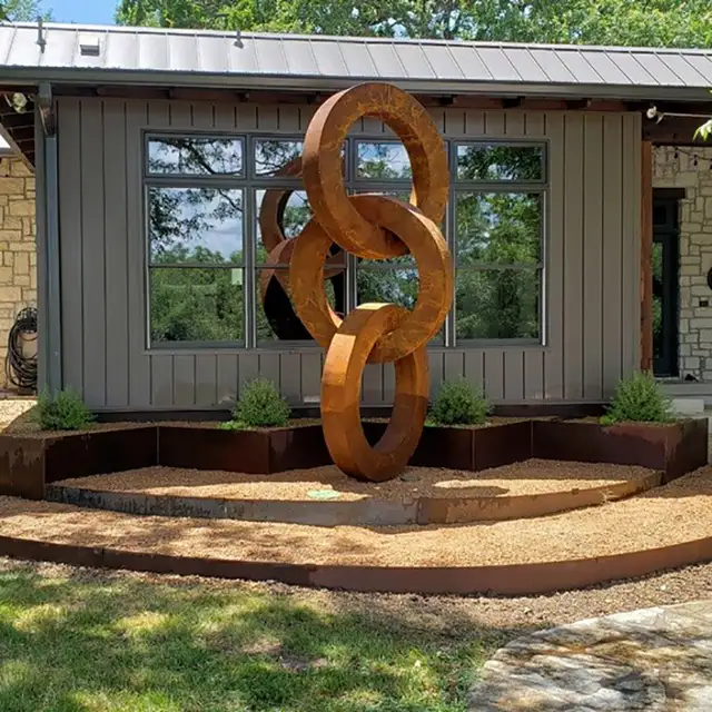 320cm Large outdoor corten steel ring sculpture seen from another angle