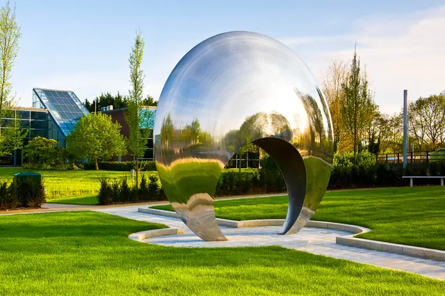 Large stainless steel sculpture—Space-time tunnel in close view