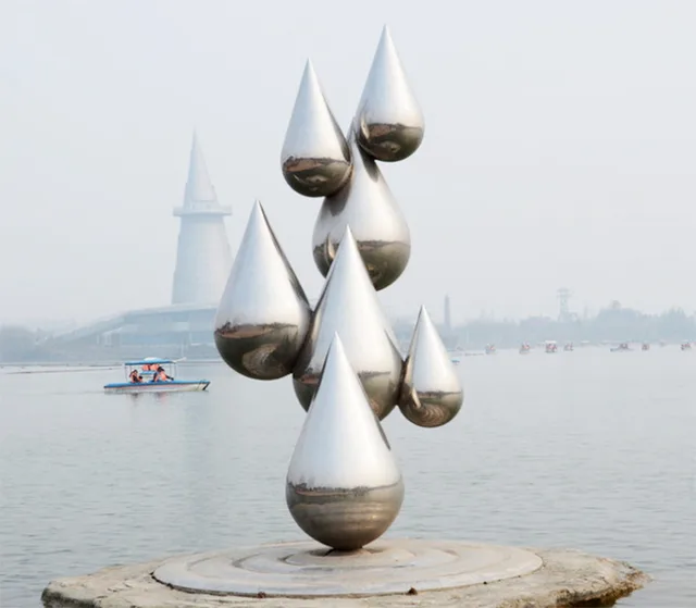 Large stainless steel sculpture—Water droplets seen from another angle