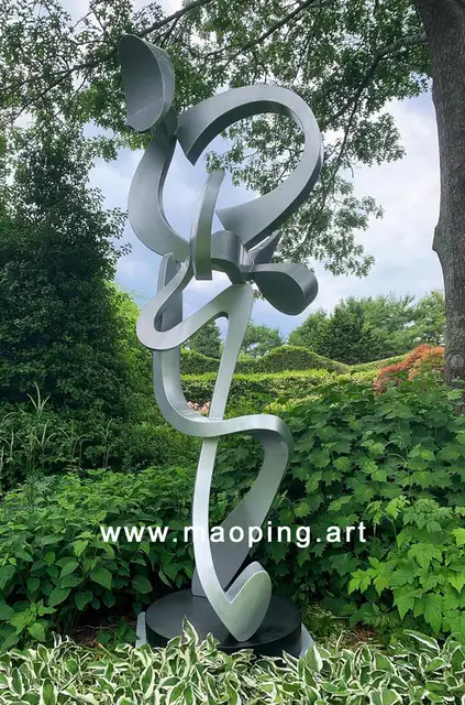 Outdoor garden courtyard Stainless Steel Metal Abstract Ribbon Sculpture in close view