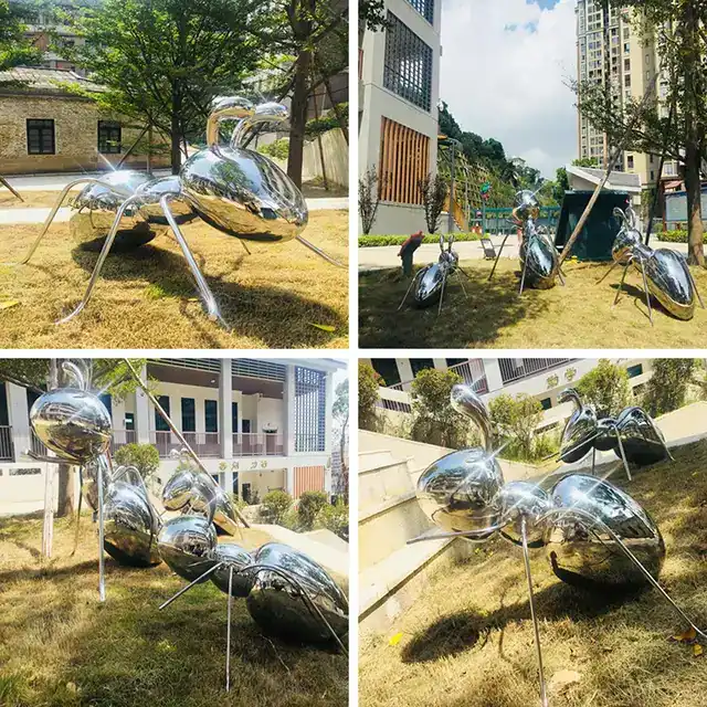 Stainless steel sphere Large stainless steel sculpture —Ant in close view